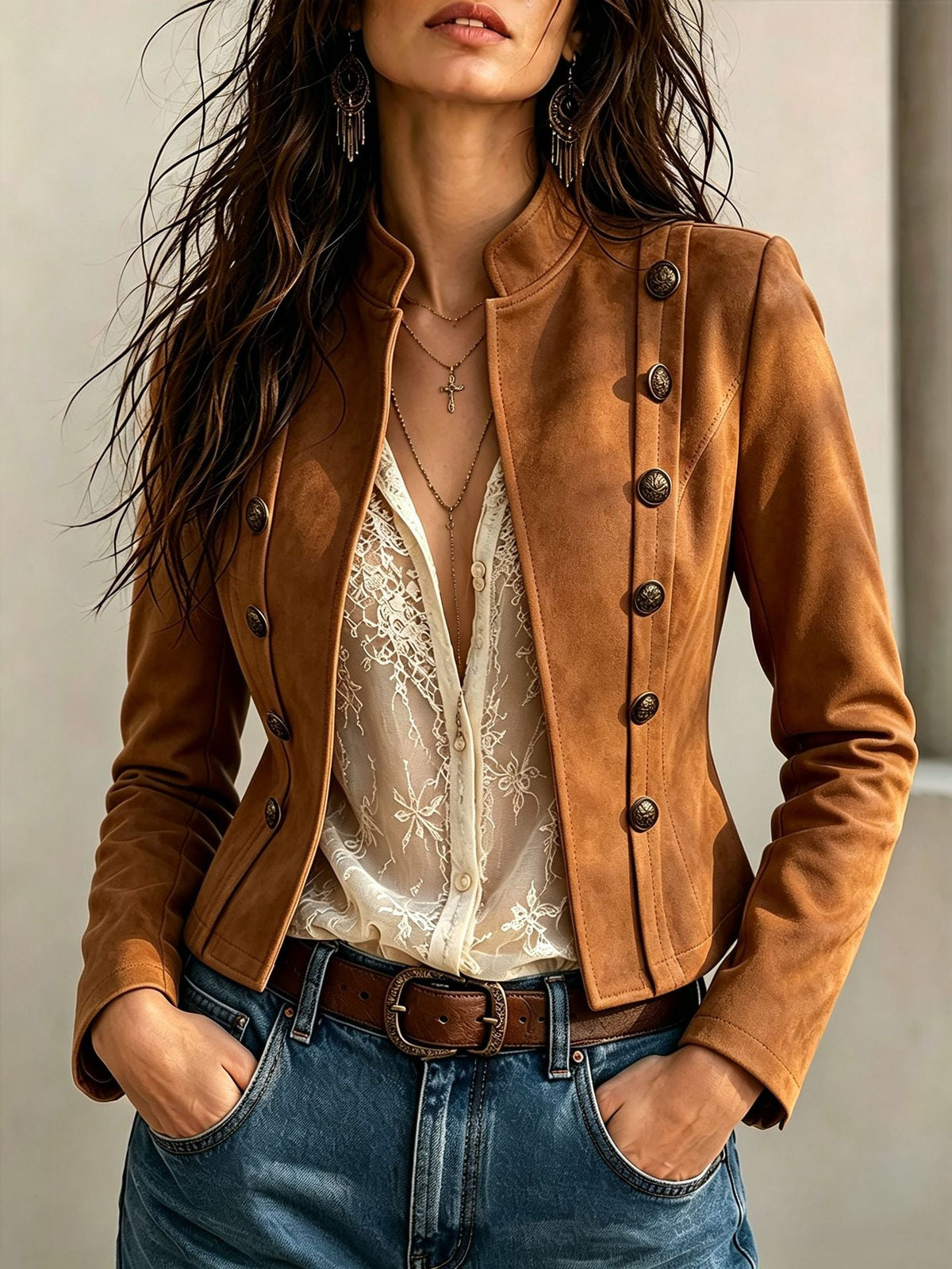 Vintage women's double-breasted short coat with stand neck and button front
