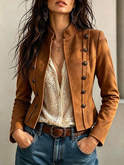 Vintage women's double-breasted short coat with stand neck and button front