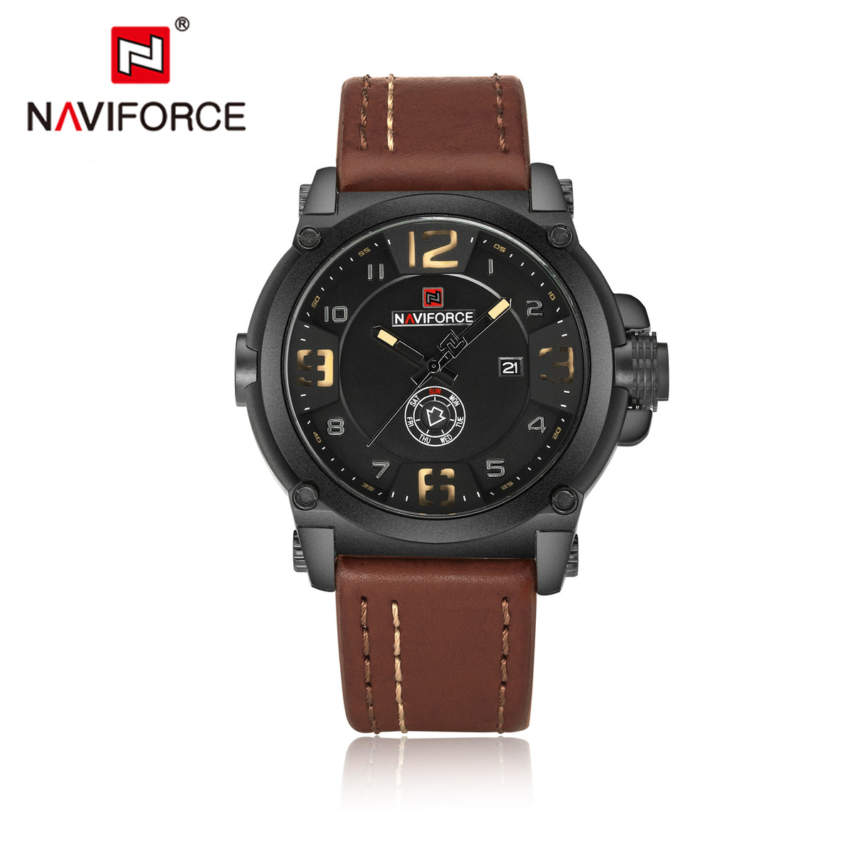 NAVIFORCE 9099 men's waterproof quartz watch with black dial and stainless steel band, showing time and date display.