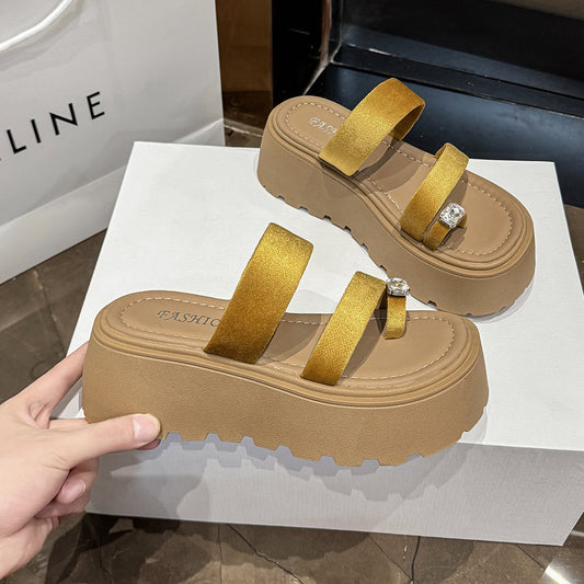 French rhinestone platform slide sandals with toe post and chunky sole, fairy-style casual beach slippers