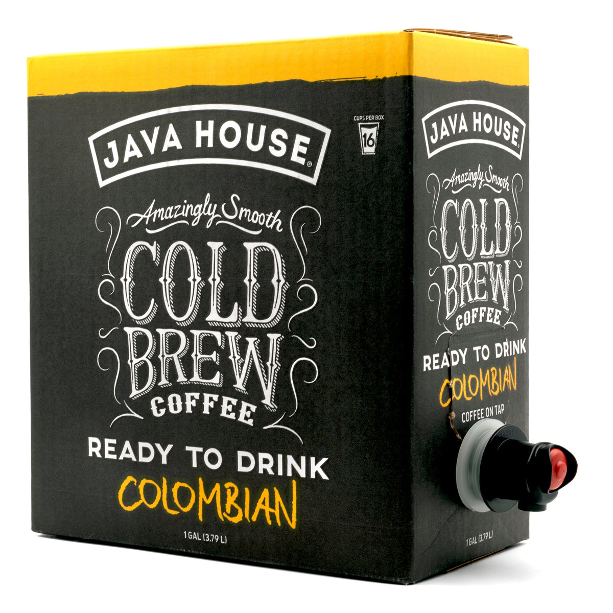Cold brew on tap from Java House, Colombian coffee served in a clear glass with ice and a straw.