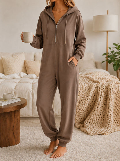 Hooded zip-up casual loose-fitting jumpsuit in a relaxed silhouette