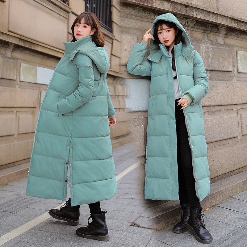 Winter cotton women's clothing extending below the knee, full-length design with warm fabric and comfortable fit