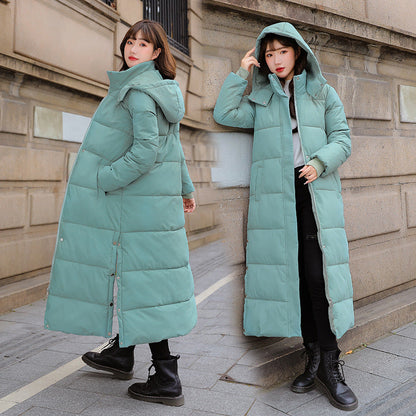 Winter cotton women's clothing extending below the knee, full-length design with warm fabric and comfortable fit