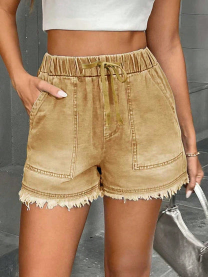 Women’s denim shorts with elastic waist and drawstring waistband