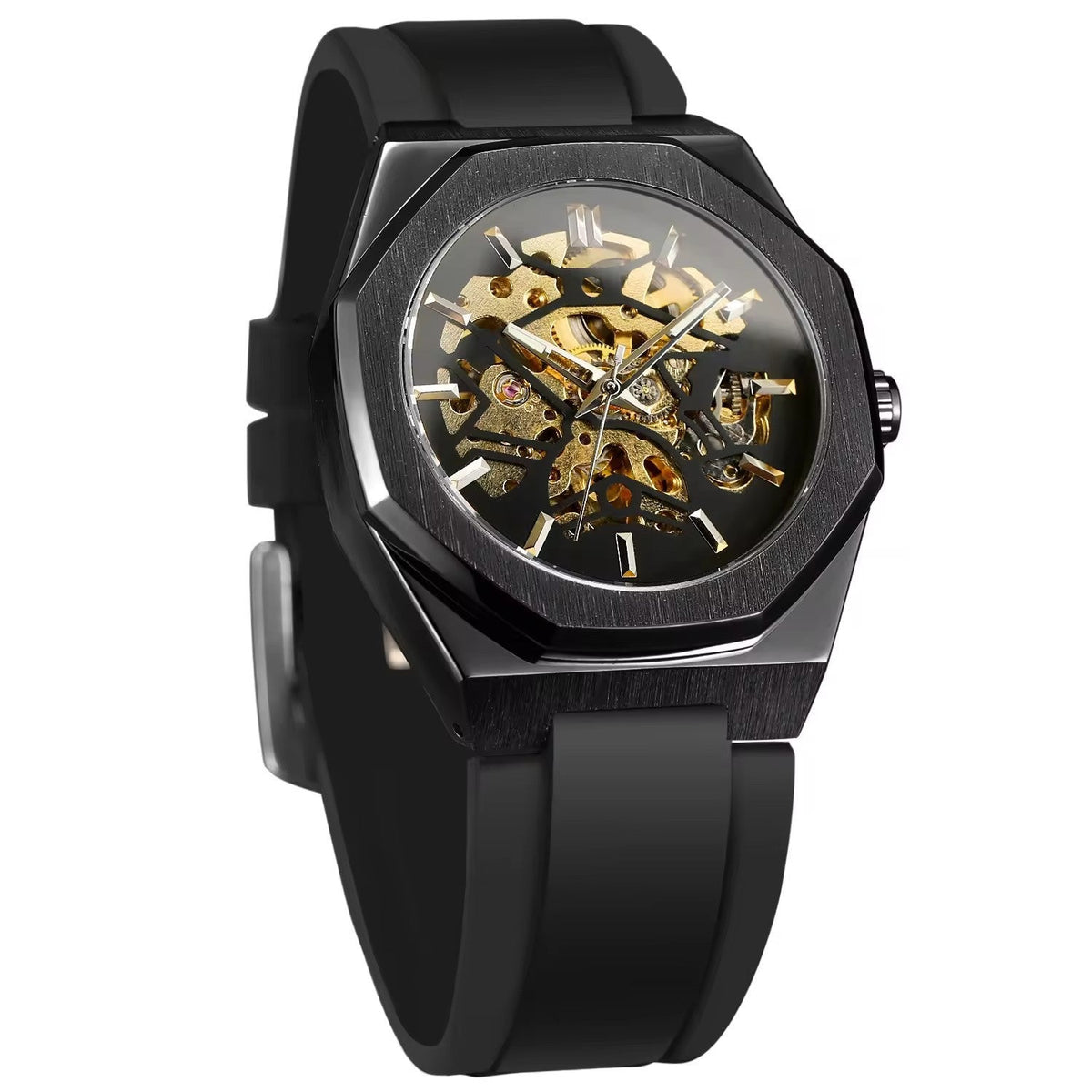 Casual silver hollow skeleton automatic mechanical watch with rubber band, detailed open-work dial