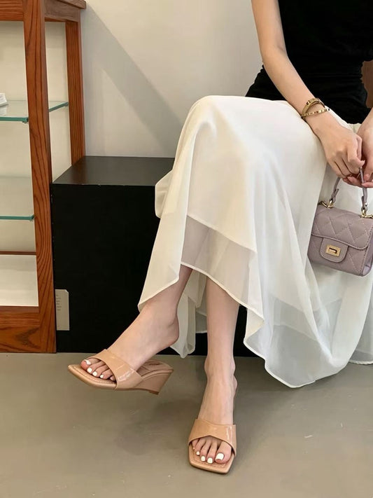 French-style women's one-strap open-toe summer wedge sandals, comfortable slip-on mules for dresses