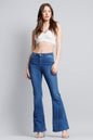 Medium wash Super High Rise 5-pocket flare jeans from Shop ENJEAN, featuring a fitted waist and flared leg design.