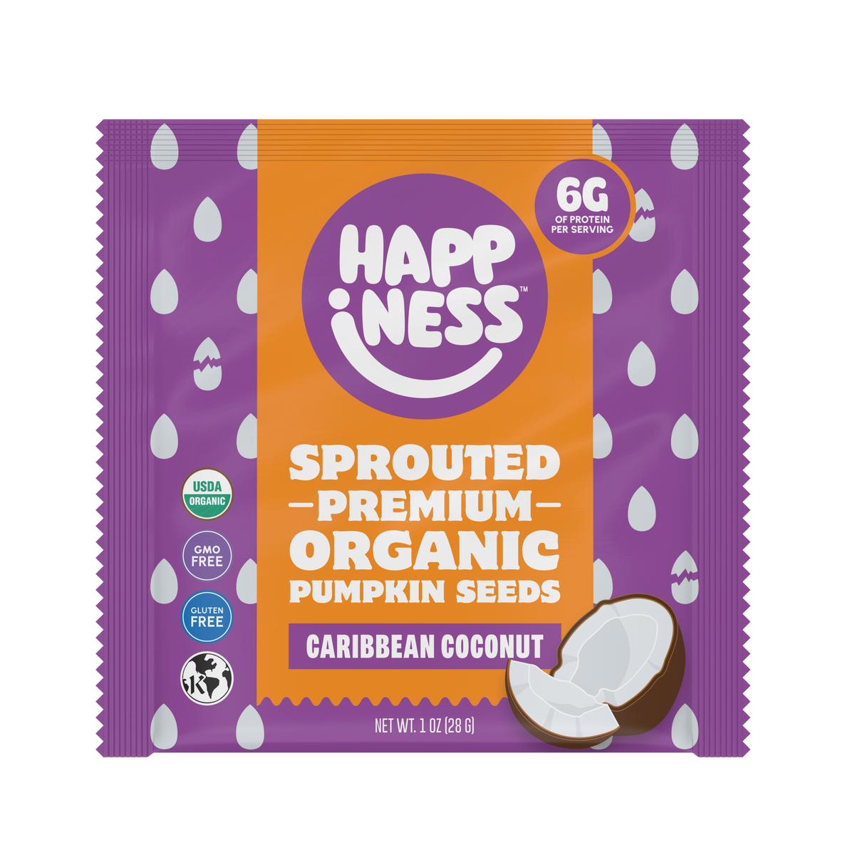 Happiness Minis sprouted organic pumpkin seeds with Caribbean coconut flavor in purple and orange packaging, featuring a coconut illustration.