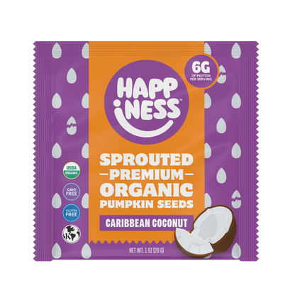 Happiness Minis sprouted organic pumpkin seeds with Caribbean coconut flavor in purple and orange packaging, featuring a coconut illustration.
