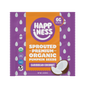 Happiness Minis sprouted organic pumpkin seeds with Caribbean coconut flavor in purple and orange packaging, featuring a coconut illustration.