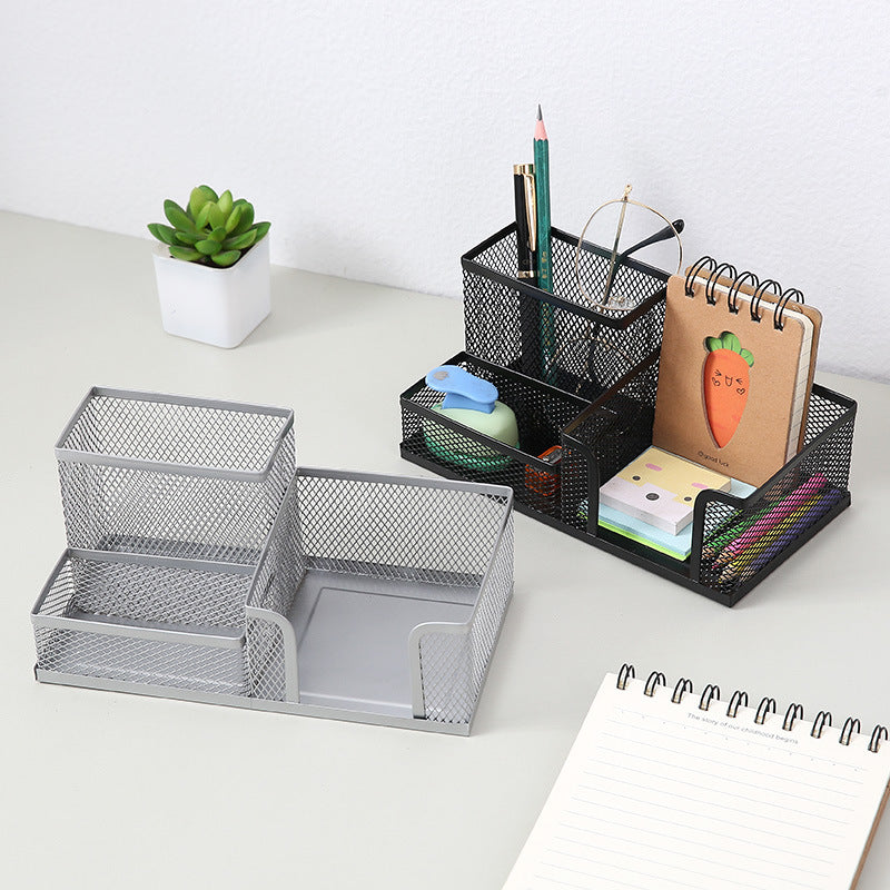 Creative metal four-grid pen holder for office organization, featuring a sleek design and multiple compartments by BACKUPMYFILESNOW.COM®.