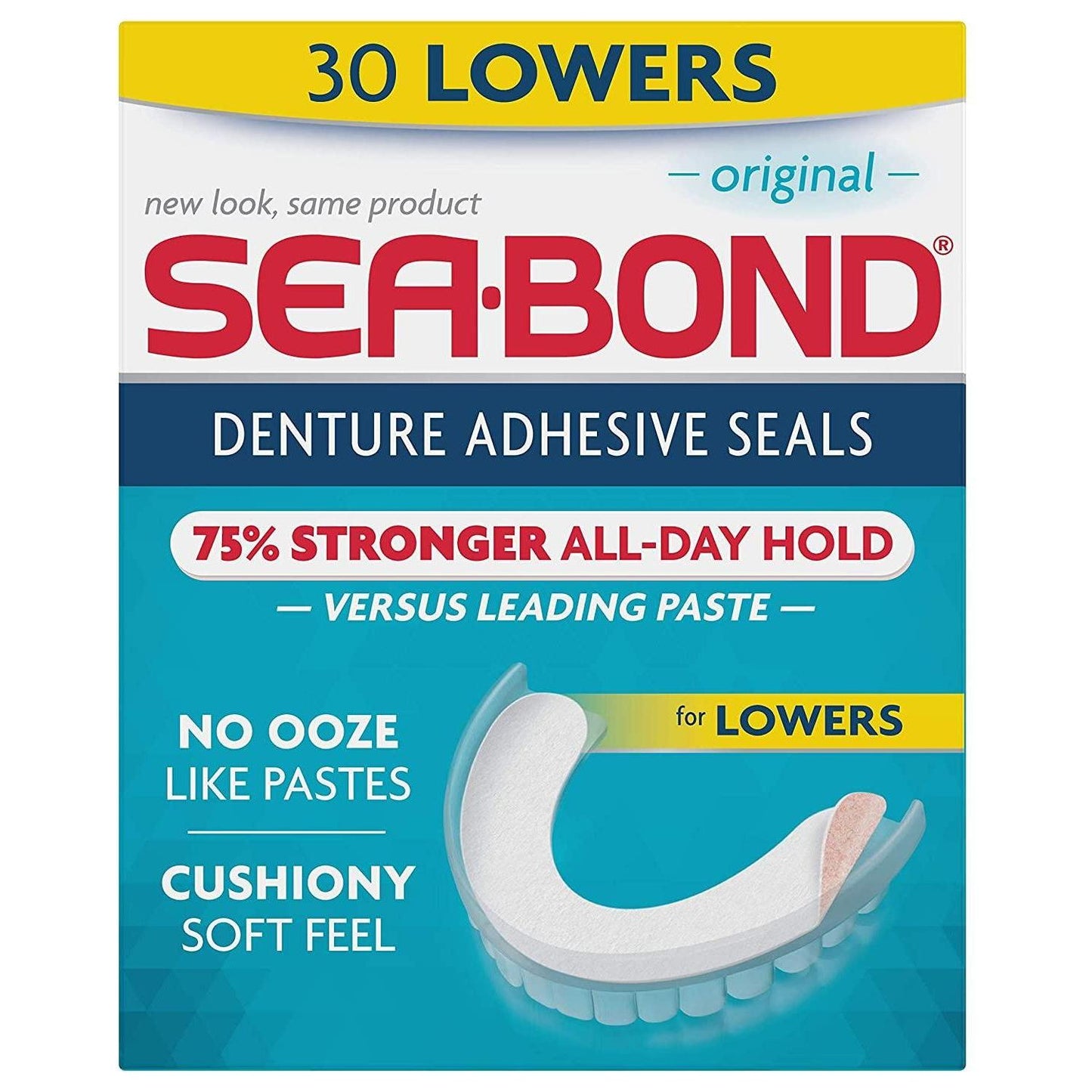 Sea Bond Triple Action Lower Denture Adhesive Seals in a 30-count pack, designed for secure fit and comfort with Pasteur Pharmacy brand.