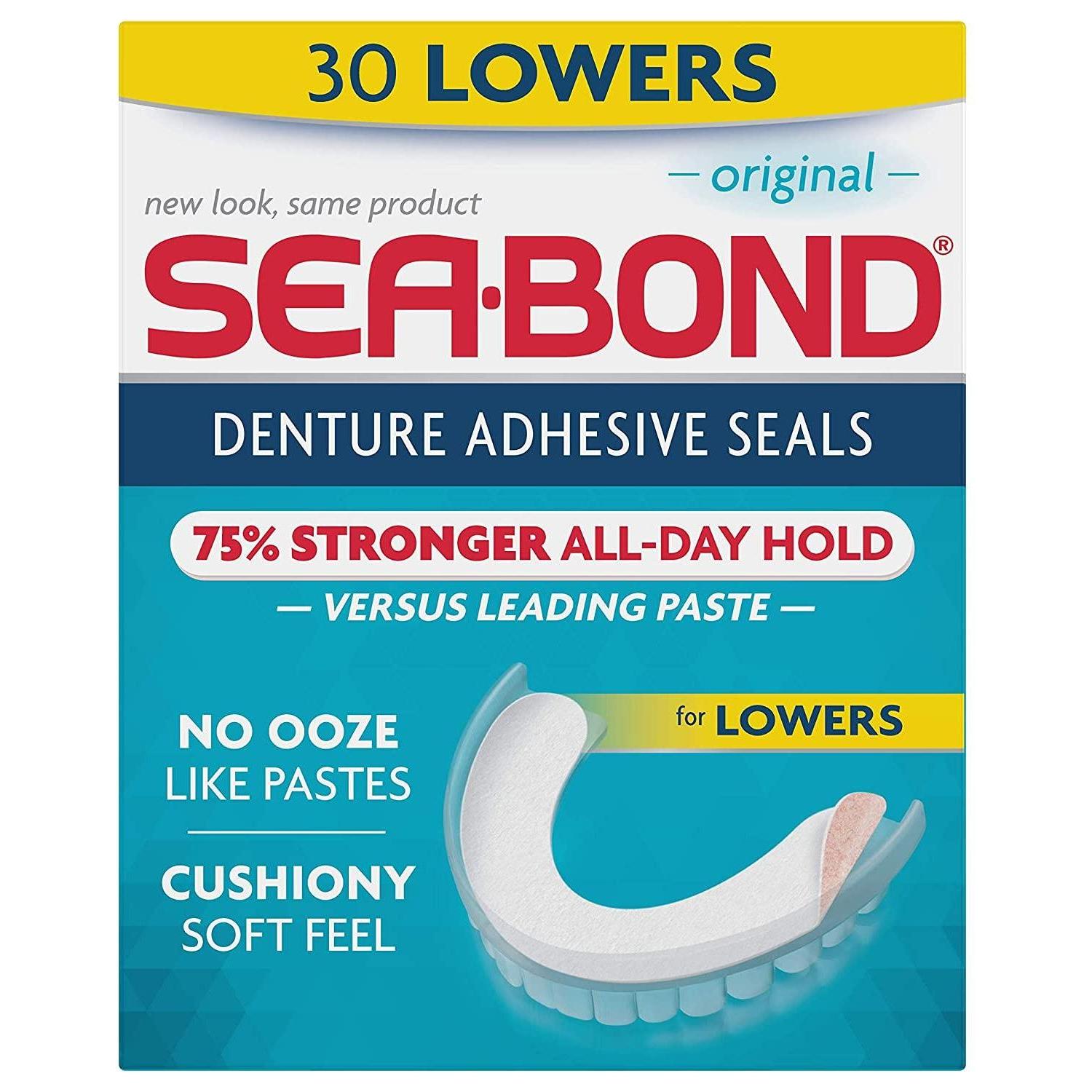 Sea Bond Triple Action Lower Denture Adhesive Seals in a 30-count pack, designed for secure fit and comfort with Pasteur Pharmacy brand.