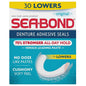 Sea Bond Triple Action Lower Denture Adhesive Seals in a 30-count pack, designed for secure fit and comfort with Pasteur Pharmacy brand.