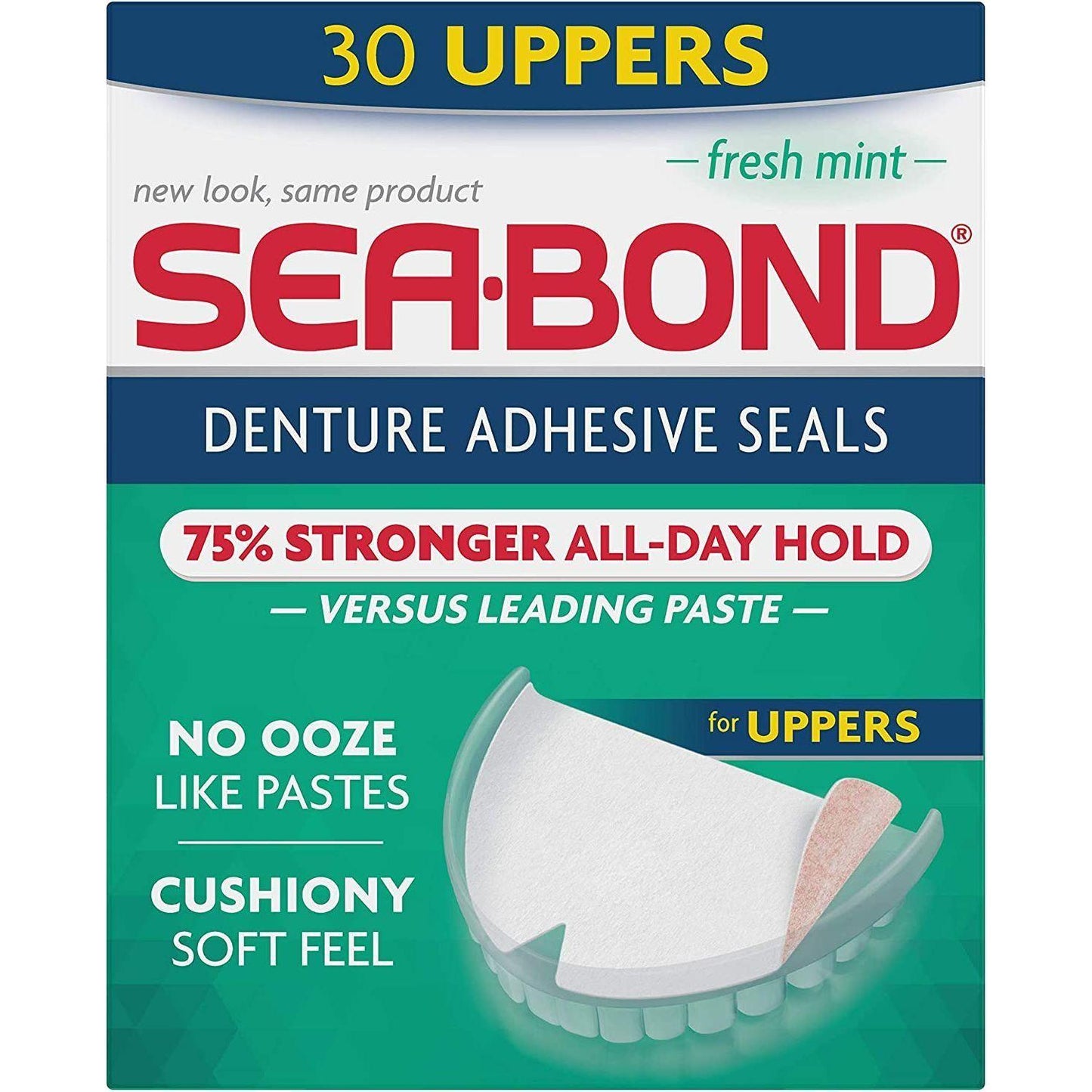 Seabond Uppers Fresh Mint Denture Adhesive Wafers by Pasteur Pharmacy, 30 count, for secure denture fit and fresh breath.