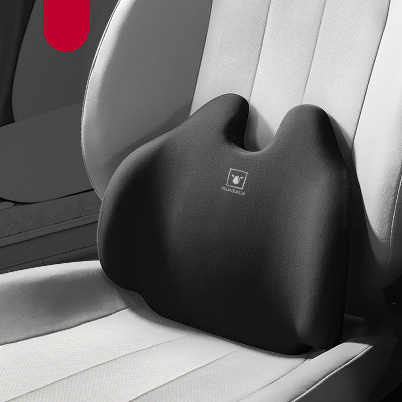 Car waist lumbar cushion office backrest in black fabric, ergonomic support pillow for car seats and office chairs