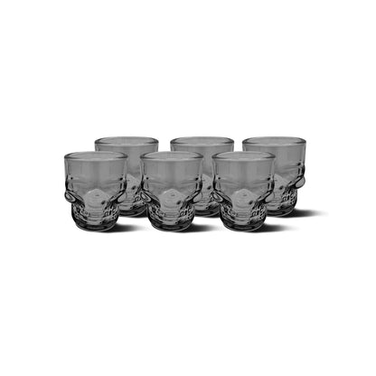 Set of 6 Dura Living skull shot glasses, 1.75 oz glassware, perfect for Halloween parties and cocktail decor.