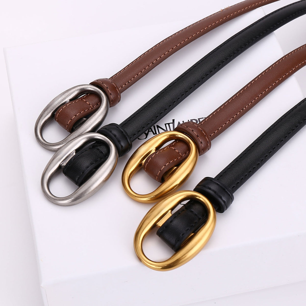 Women’s smooth leather belt with slim waistband and no pre-punched holes