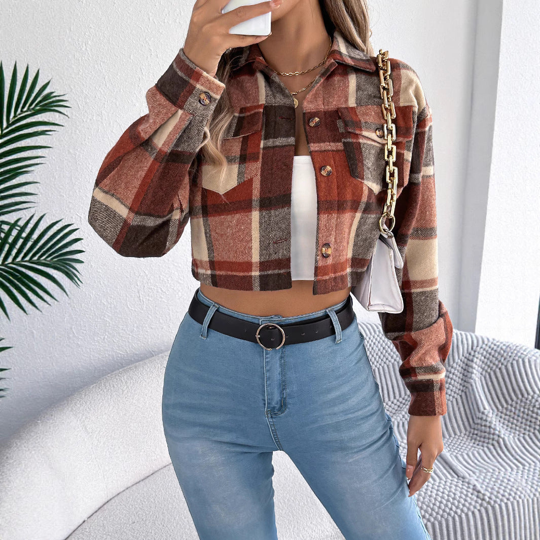 Color-block plaid long-sleeve wool short jacket coat from My Store