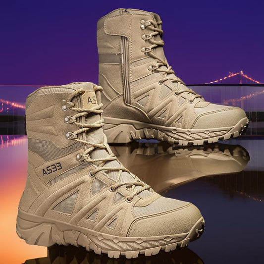 Breathable leather high-top hiking boots for outdoor climbing and rugged wilderness work, side view