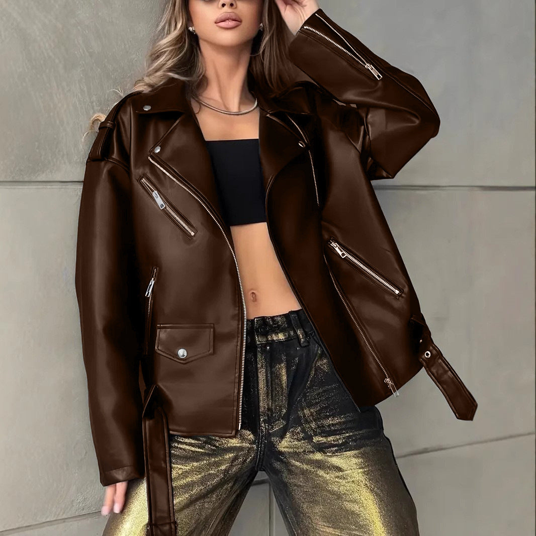 Women's boyfriend-style leather biker jacket in black with zip front and wide lapels