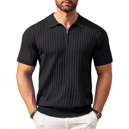 Men's zip-up short-sleeve rib-knit polo shirt in a fashionable casual golf style
