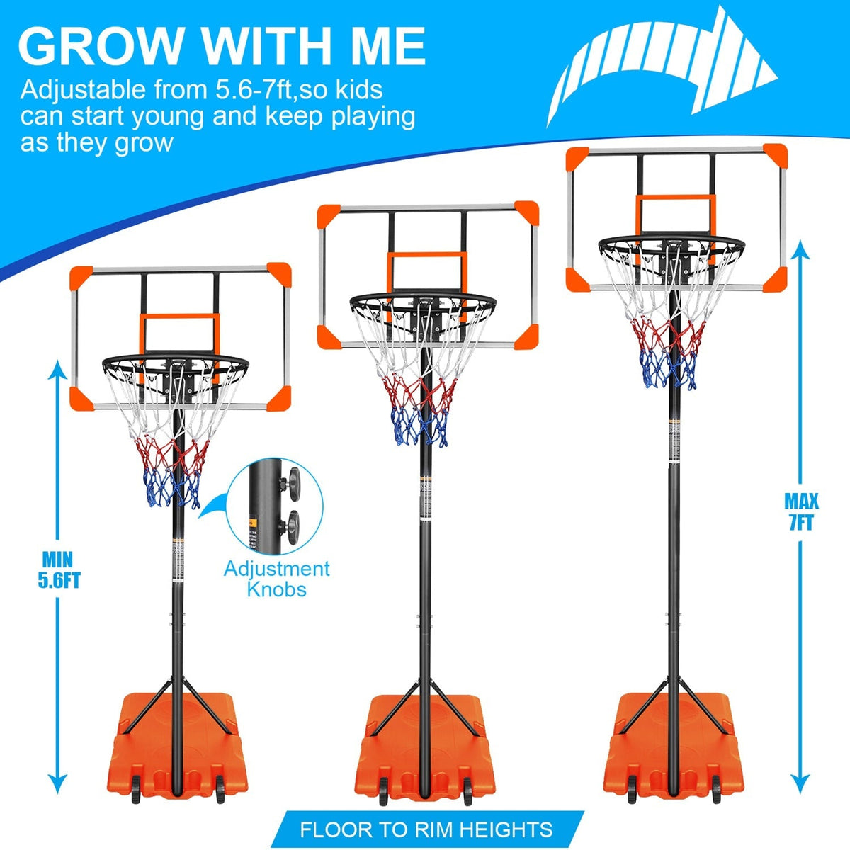 Kids basketball hoop by GBruno Store, adjustable height 5.6 to 7 feet with wheels for easy moving and outdoor or indoor play.