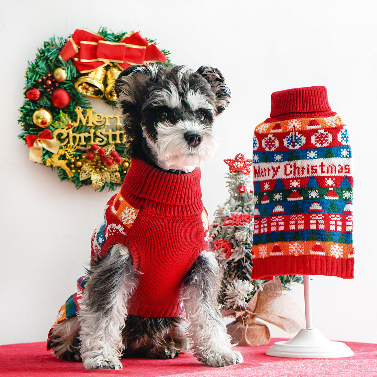 Pet dog Christmas turtleneck sweater by My Store featuring festive holiday colors and a cozy knit design