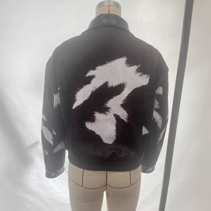 Street-style hoodless versatile short cow-print jacket in black and white pattern
