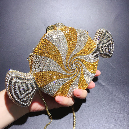 Women's diamond candy shape crystal diamond clutch, embellished geometric evening bag.