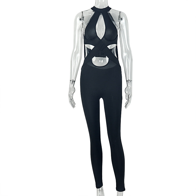 Women's casual backless elastic hollow-out design jumpsuit in a relaxed fit