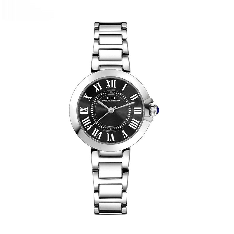 Women's Roman numeral steel band wristwatch with a classic round dial and metal bracelet