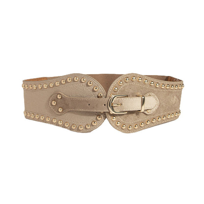 Women's suede western-style elastic belt with rivets and wide adjustable waist design