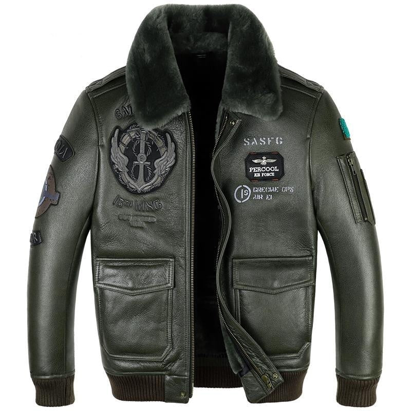 Men's leather flight jacket suit in a classic aviator style