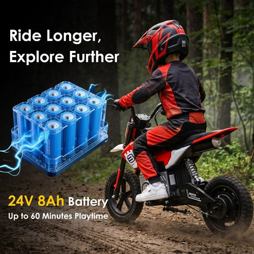 Kids riding a 24V electric motocross ride-on motorcycle by GBruno Store, designed for children ages 5-12, outdoors on pavement.