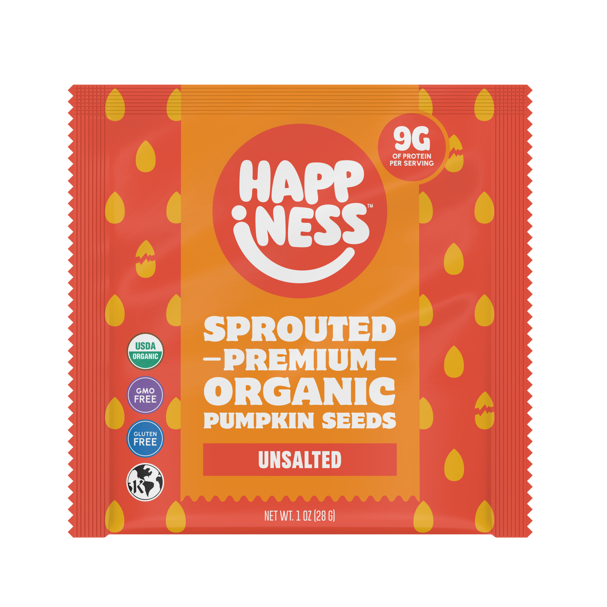 Happiness Minis sprouted organic pumpkin seeds in a red and orange packet labeled unsalted, with USDA Organic, GMO-free, and gluten-free icons.