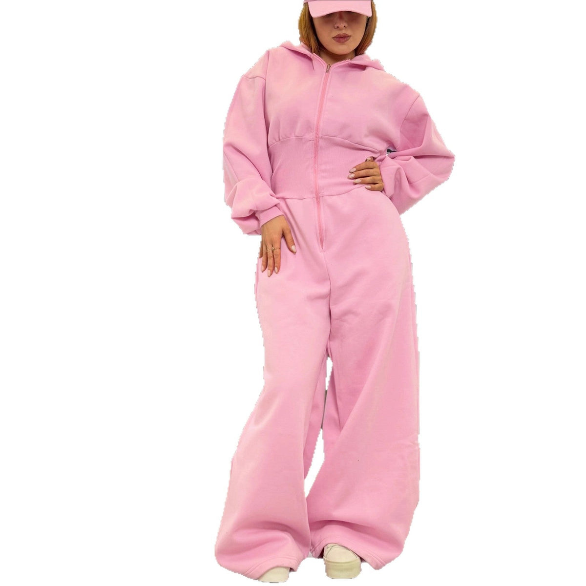 Hooded zip-up stretch-waist jumpsuit in a full-length design