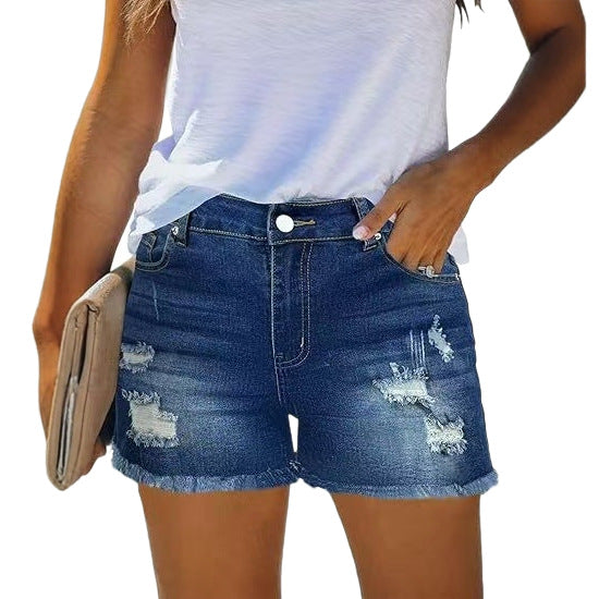 Four-way stretch denim shorts with raw-edge hem in blue denim, front and back view