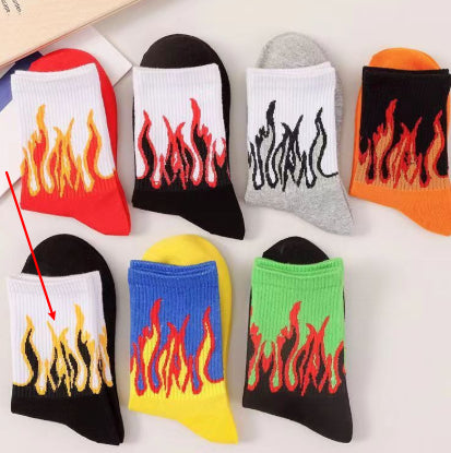 Flame-patterned mid-calf socks in street-style influencer fashion design