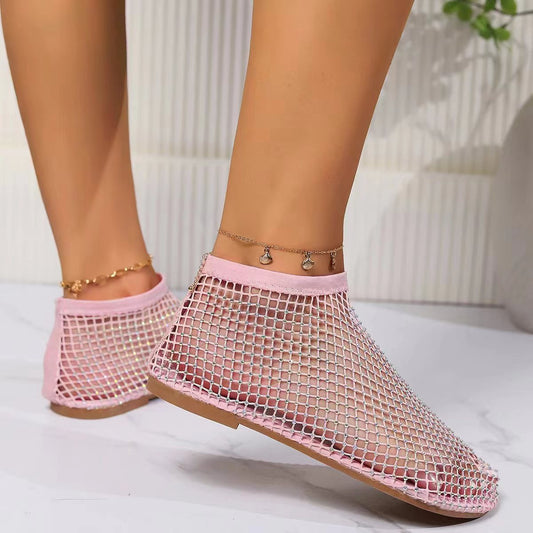 Round-toe hollowed-out rhinestone-embellished ankle sandals in black