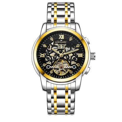 Men's large-rotor skeleton automatic mechanical watch with visible gears and a detailed dial