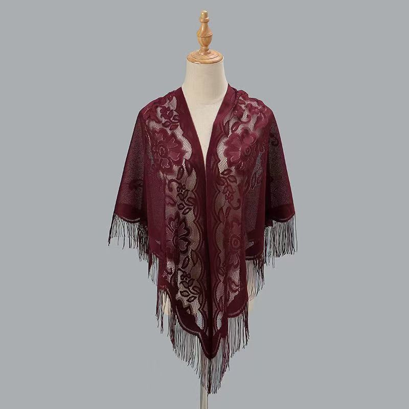 Women's breathable lace triangle shawl with floral design and delicate openwork details