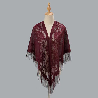 Women's breathable lace triangle shawl with floral design and delicate openwork details