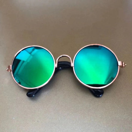 Pet cat glasses and sunglasses with round lenses, colorful frame, and adjustable strap for cats