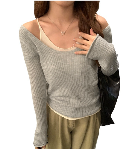 T4429 Women's Autumn Winter Color Block Knit Top