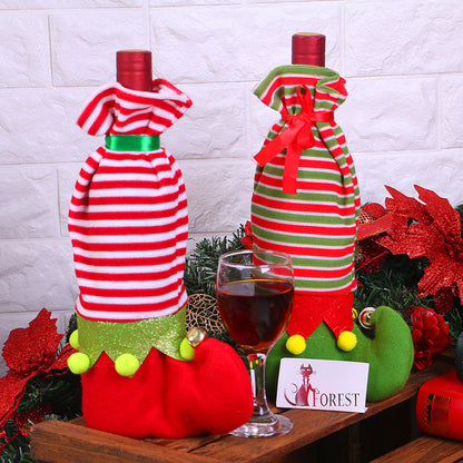 Striped Christmas wine bottle decoration set with festive red, green, and white designs