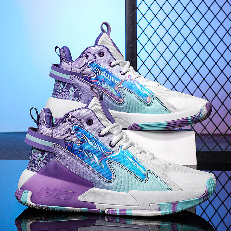 Luminous high-top basketball shoes in a sleek athletic design, side view