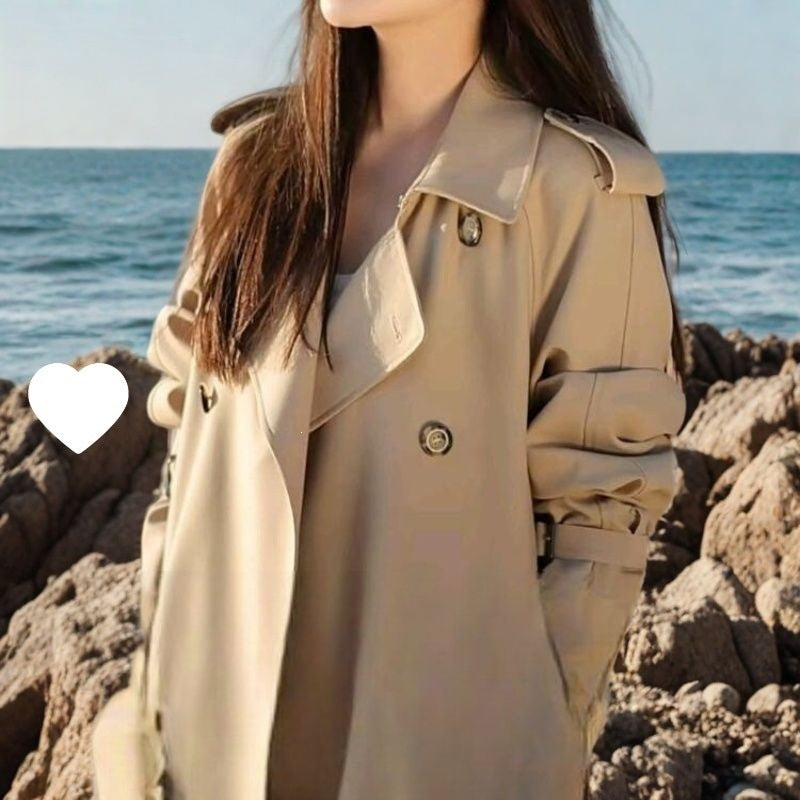 Korean-style mid-length trench coat for petite women in a tailored jacket design
