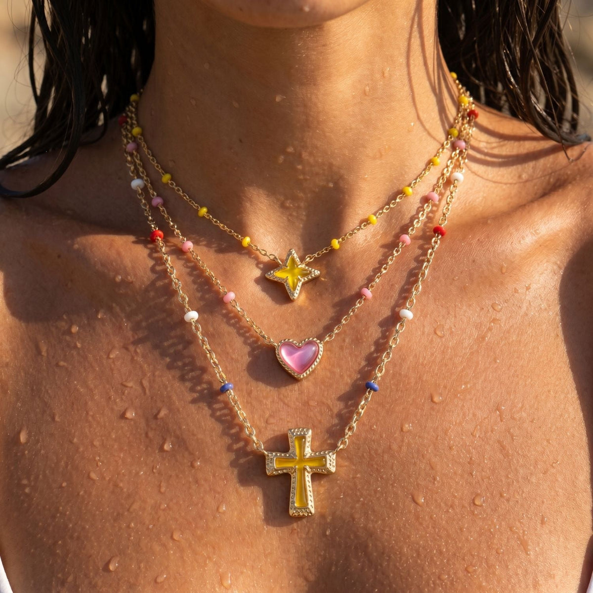 Geometric irregular cross and heart necklace in a minimalist pendant design